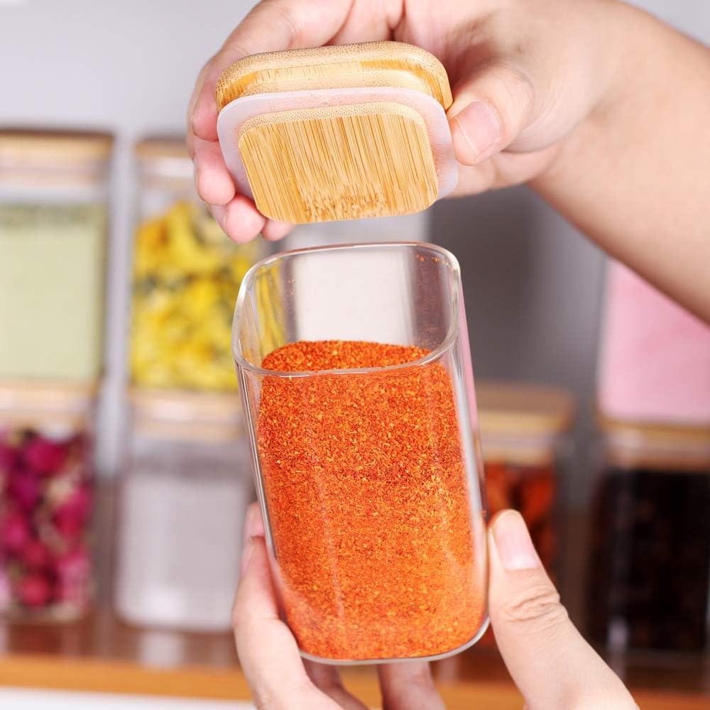 10 Pcs Glass Spice Jars - 8oz Empty Square Spice Storage Containers With Bamboo Airtight Lid and