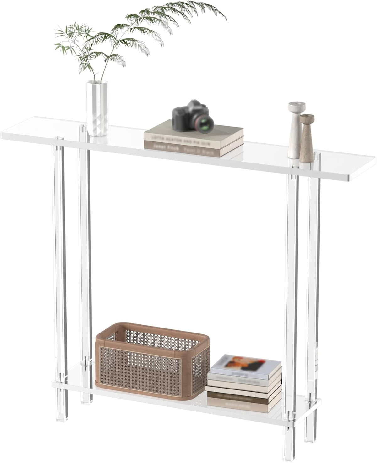 Acrylic Narrow Console Table for Entryway, 7.6" D x 39.4" W x 31.5" H, Square Legs, Skinny Entry