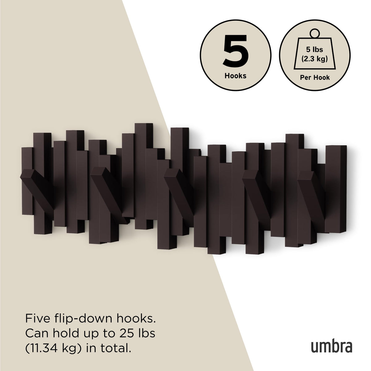 Umbra Sticks Wall Mount Coat Rack, 5 Hook Retractable Pegs, Espresso