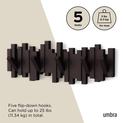 Umbra Sticks Wall Mount Coat Rack, 5 Hook Retractable Pegs, Espresso