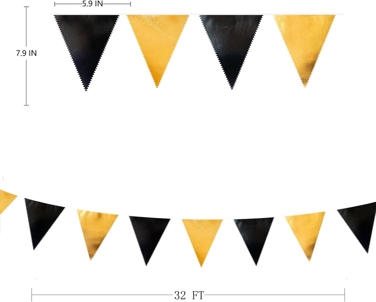 Black and Gold Party Decorations Triangle Pennant Banner Flag Metallic Fabric Bunting Garland for