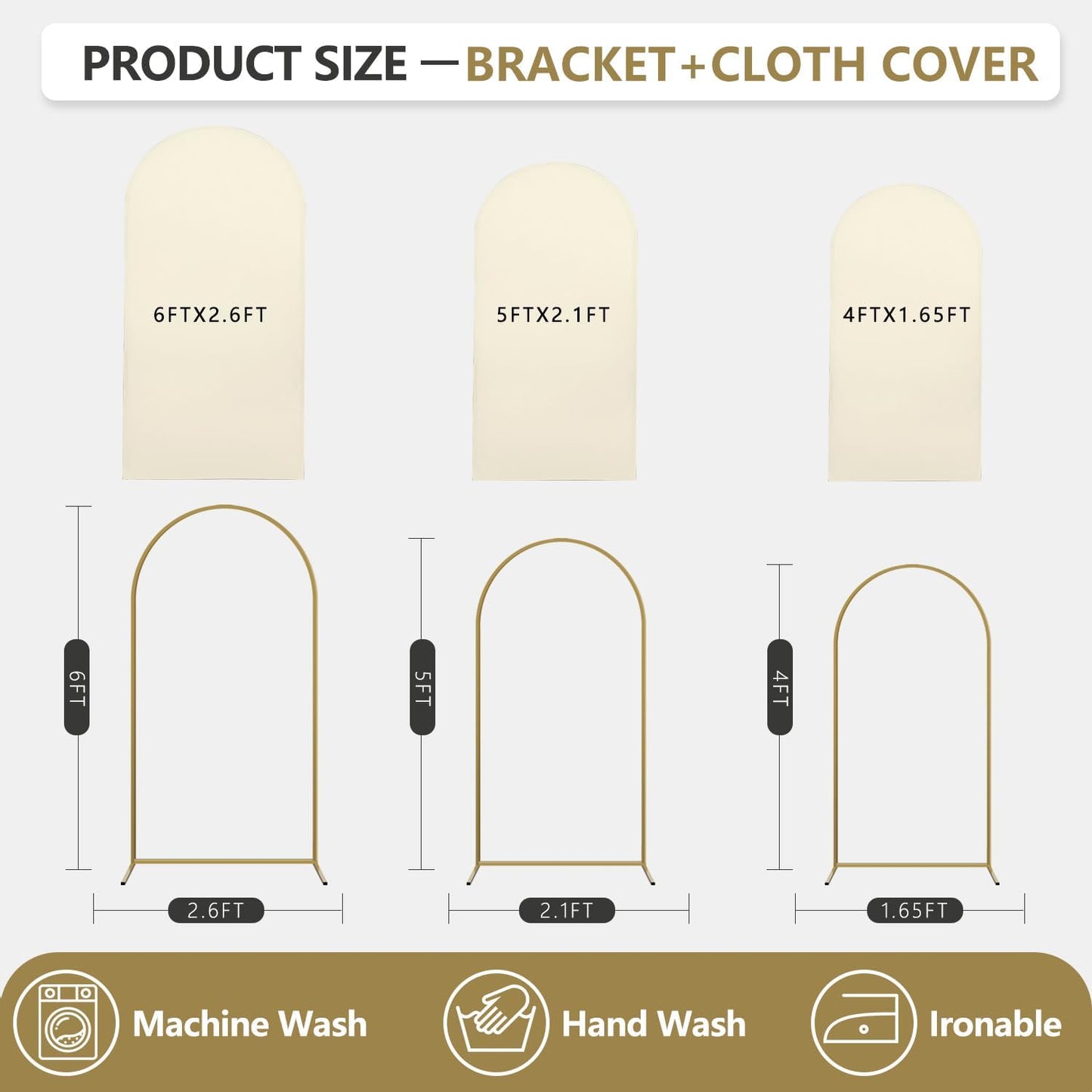 Arch Backdrop Stand and Cover Set, 3 Metal Balloon Arch Backdrop 4ft 5ft 6ft, Gold Arched Stand