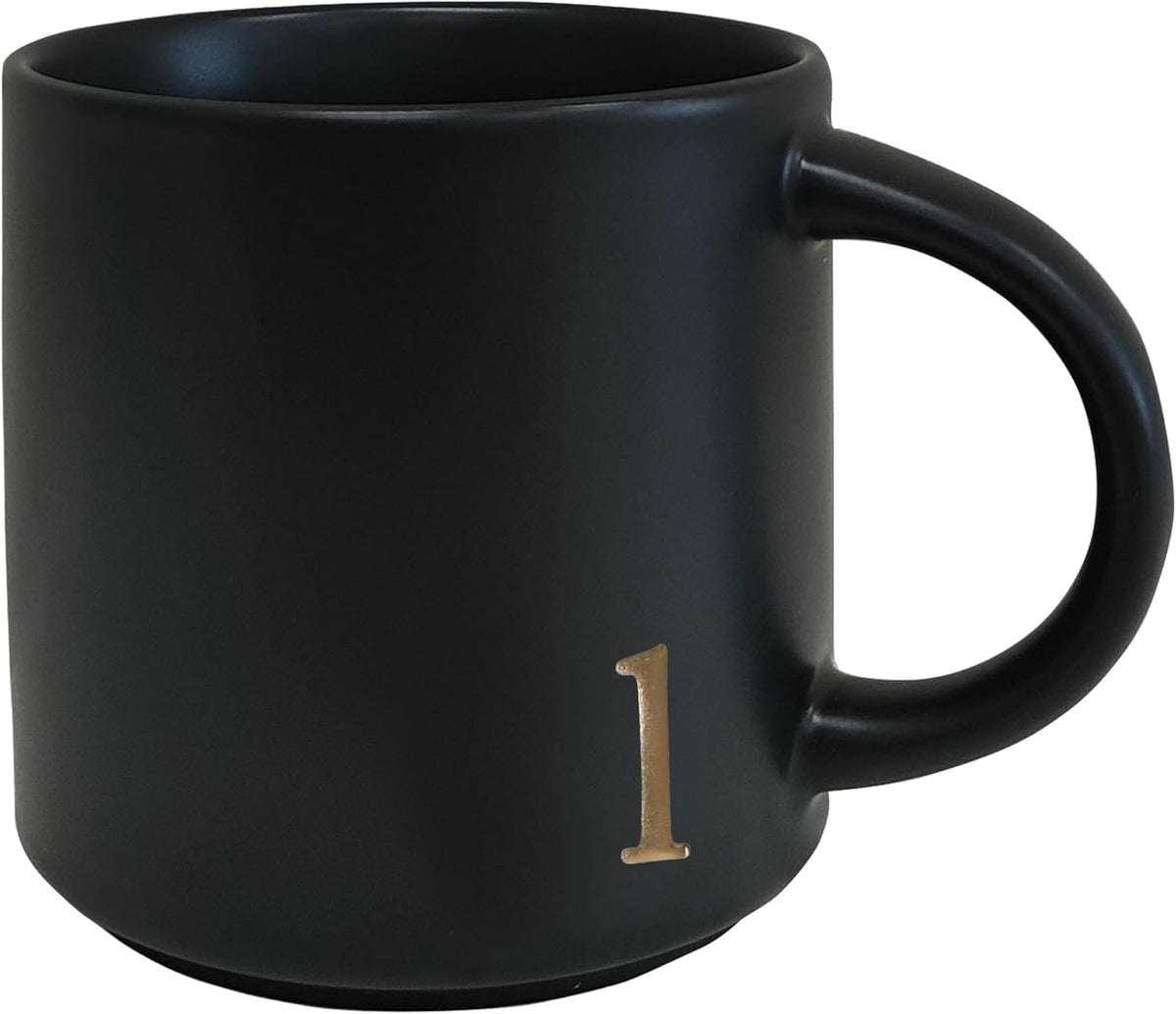 COLLECTIVE HOME - Black Monogram Ceramic Mugs, 15 oz Golden Initial Coffee Cups, Elegant Alphabet
