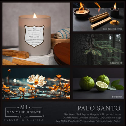 Manly Indulgence Palo Santo Scented Candles for Men, 15 oz Wooden Wick, Premium Soy Blend Wax, 60H