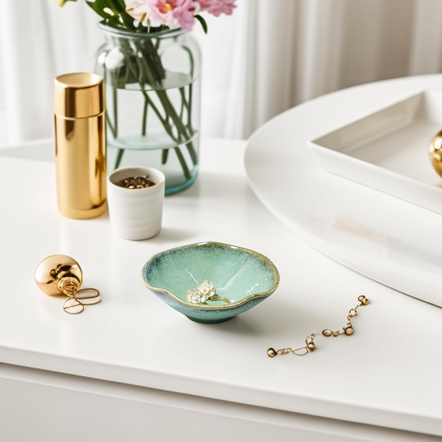 4.72" Small Decorative Bowl, Ceramic Green Key Bowls for Entryway Table, Jewelry Dish, Trinket