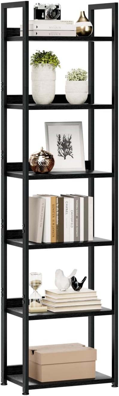 NUMENN Narrow Bookshelf, 6 Tier Bookshelves, Home Office Bookcase Shelf Storage Organizer, Free