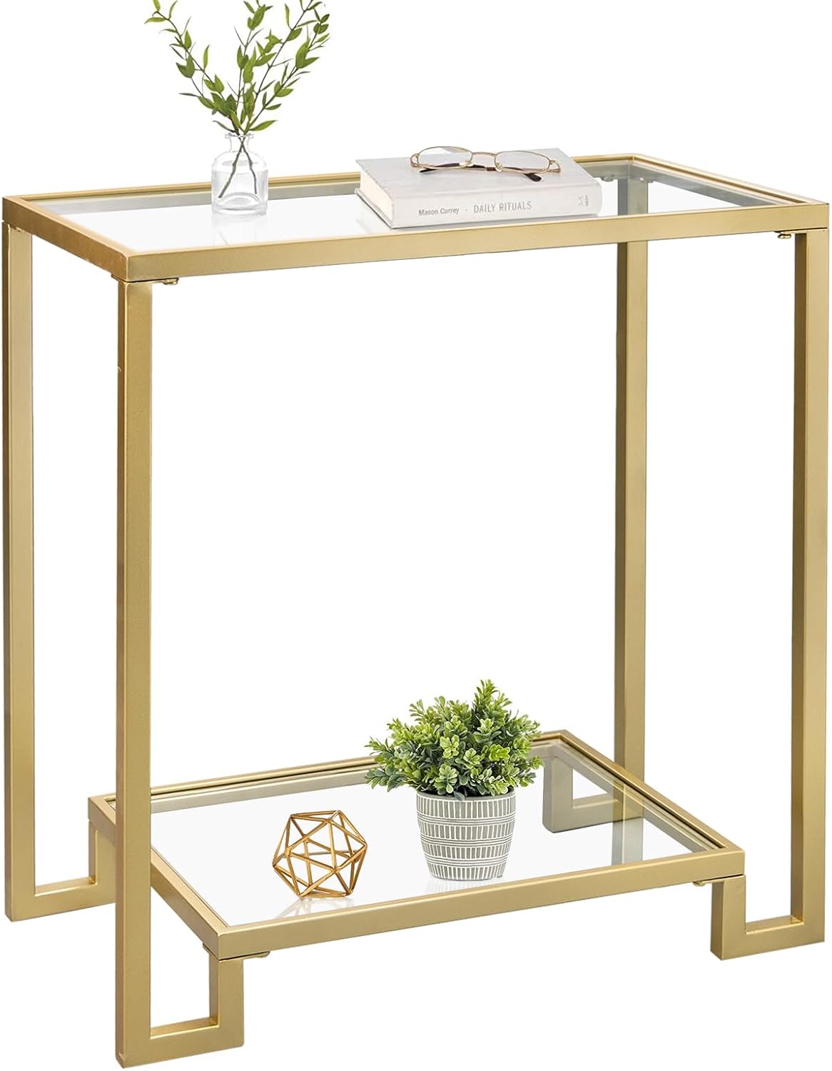 2 Tier Rectangular Side Table, Gold End Table with Glass Top, Modern Metal Clear Coffee Table，Small
