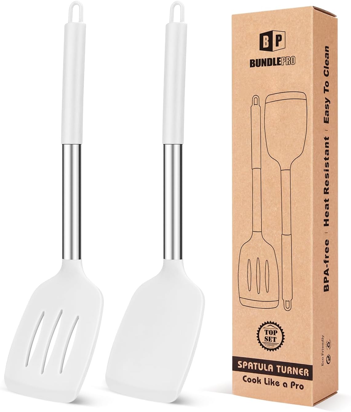 Pack of 2 Silicone Solid Turner, Non Stick Slotted Kitchen Spatulas, High Heat Resistant BPA Free