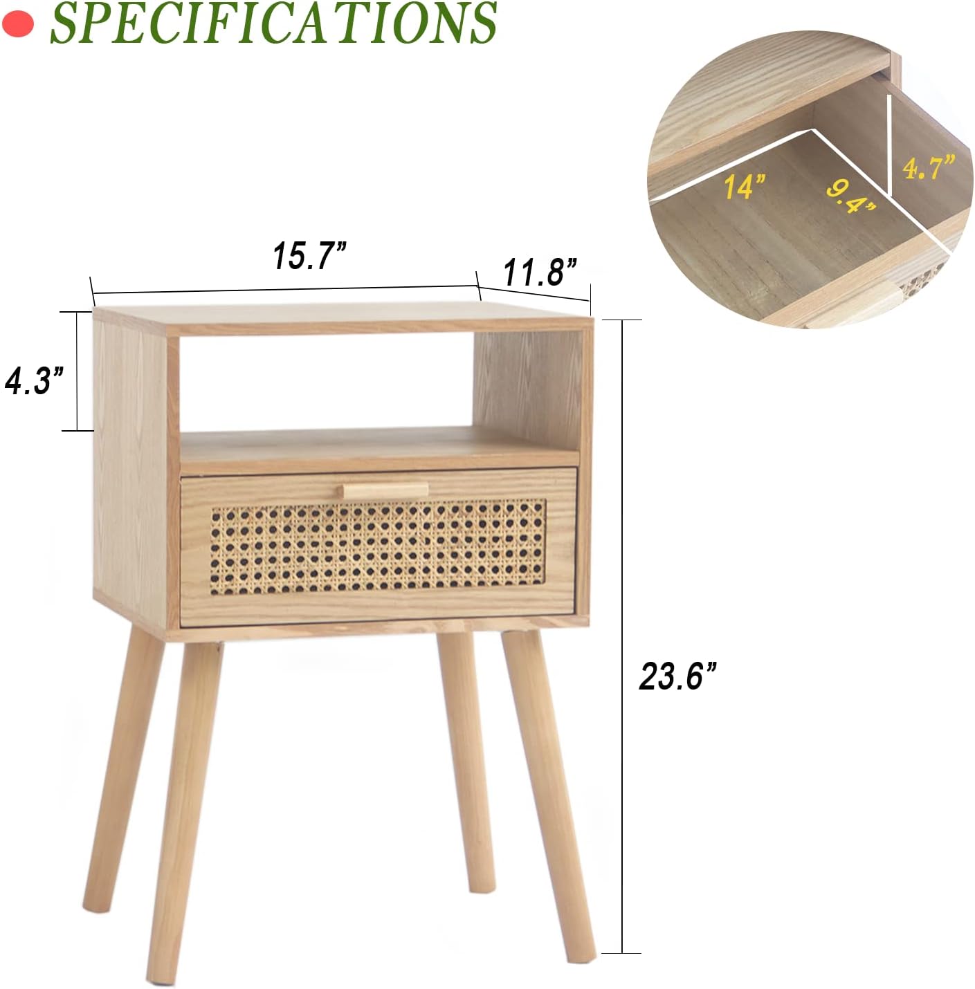 MaxSmeo Modern Nightstand Rattan Side End Table with Storage, for Living Room, Bedroom and Small
