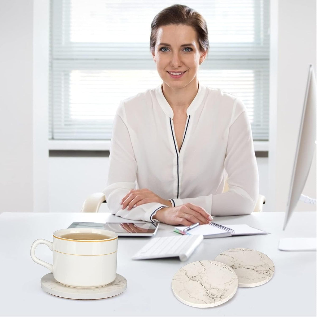 6 Pack White Marble Coaster Set with Holder Absorbent Drink Coasters Ceramic Cute Coaster Bar