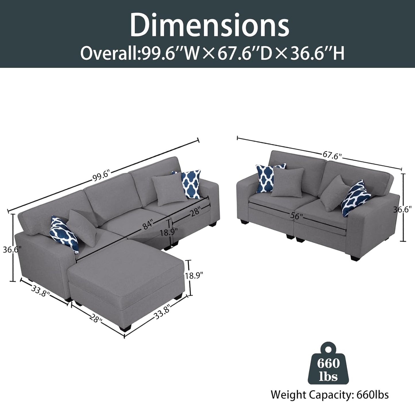 L Lengend Vansen Modular Sectional Sofa U Shaped Couch with Ottoman Modern Reversible Corner