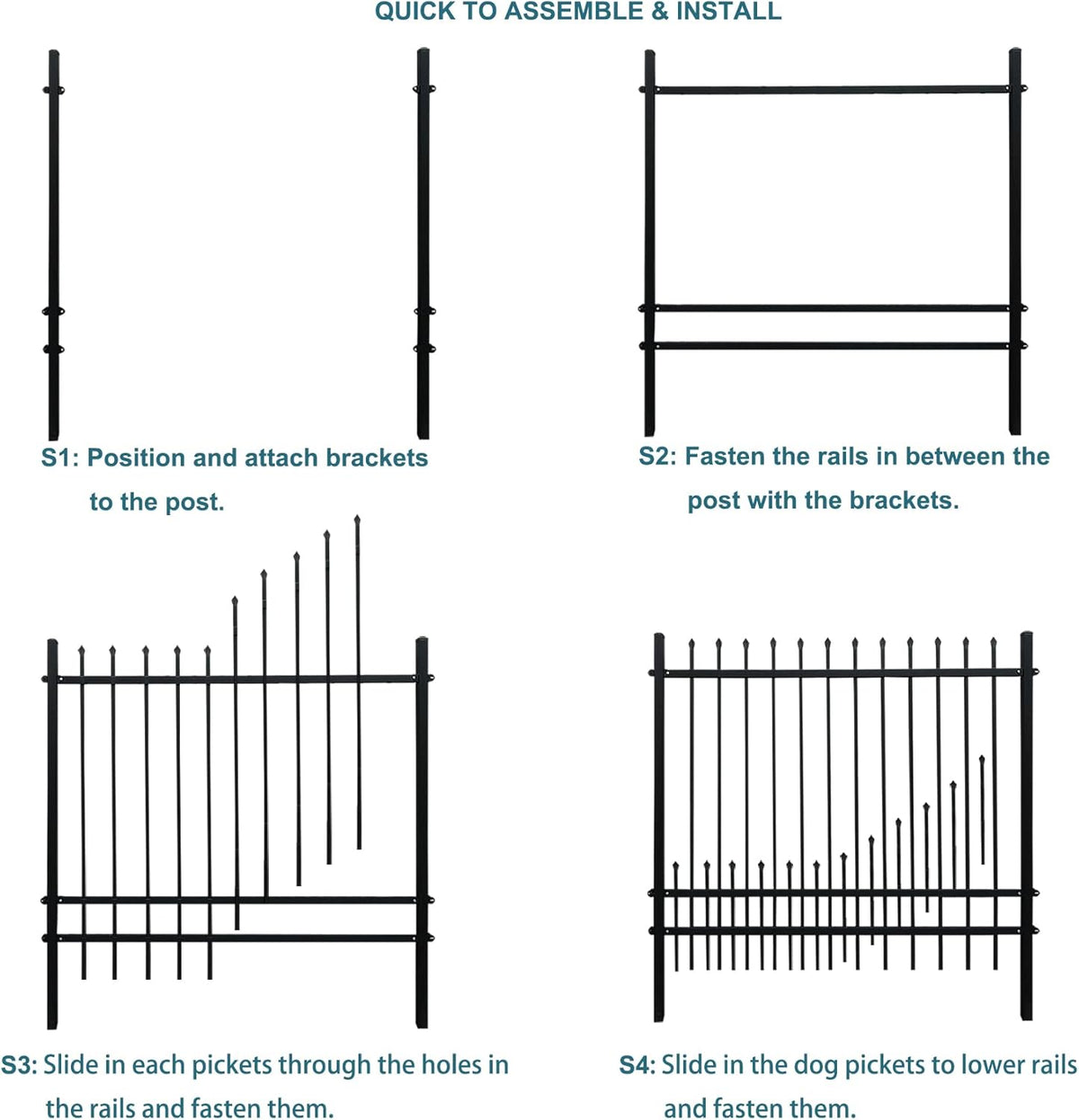 Metal Fence Panels with Dog Pickets, 6ft H x 6.5ft W Galvanized Steel Fence DIY Installation for