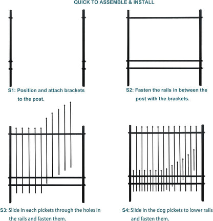 Metal Fence Panels with Dog Pickets, 6ft H x 6.5ft W Galvanized Steel Fence DIY Installation for