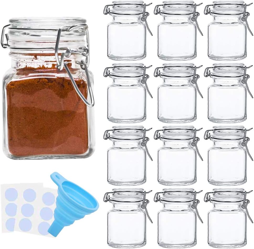 Spice Jars, 12 Pack 4oz Small Glass Jars with Airtight Hinged Lid, With 12 Spice Labels & Silicone