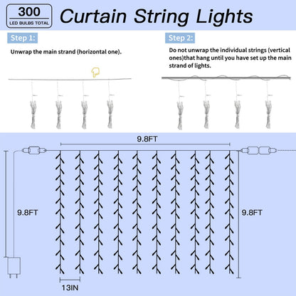 300 LED Curtain String Lights 9.8FT Plug in Fairy Lights with Timer and 8 Modes, Waterproof Window