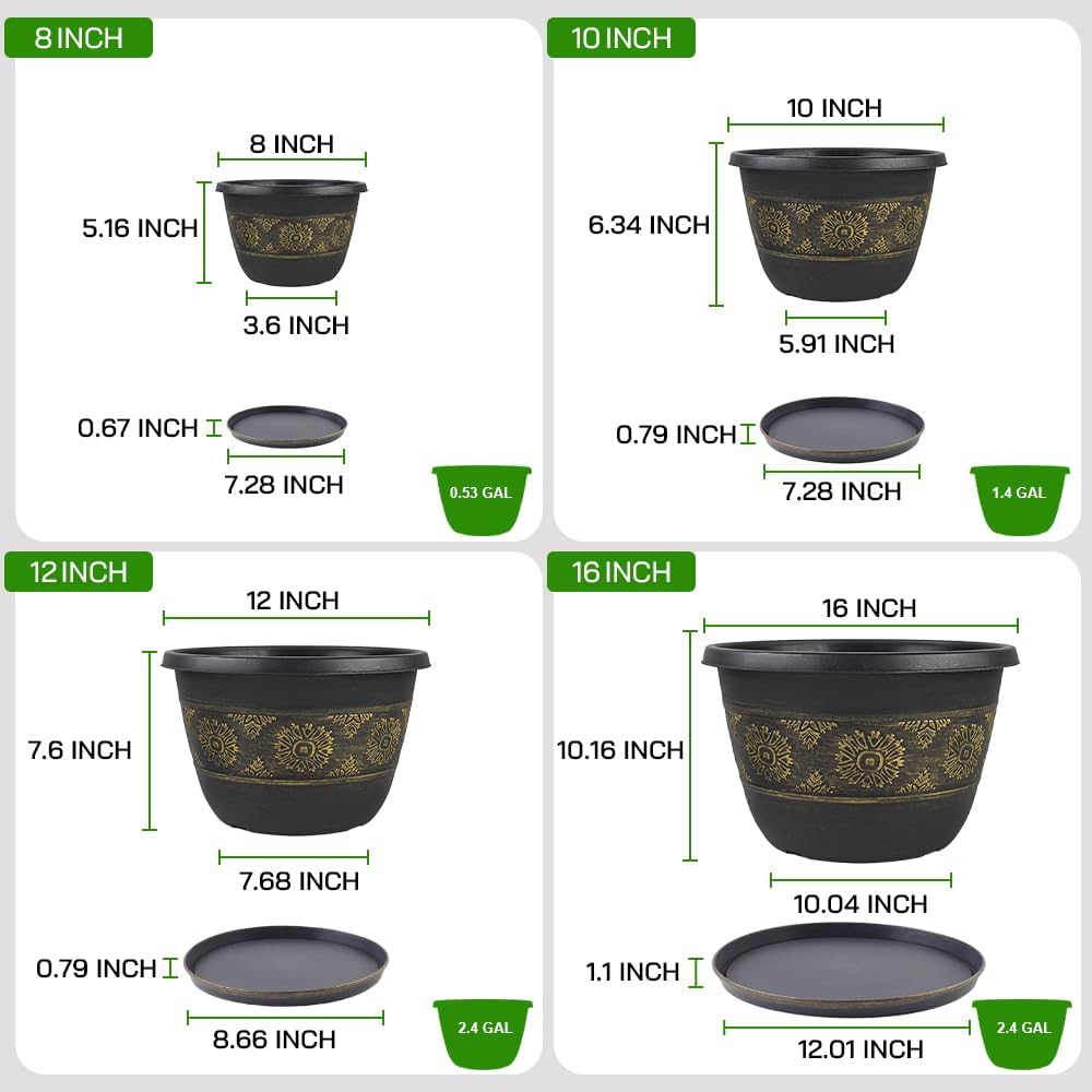 4 Pack 16 inch Plant Pots, Retro Pattern Planters with Drainage Holes and Saucer, Sturdy Plastic