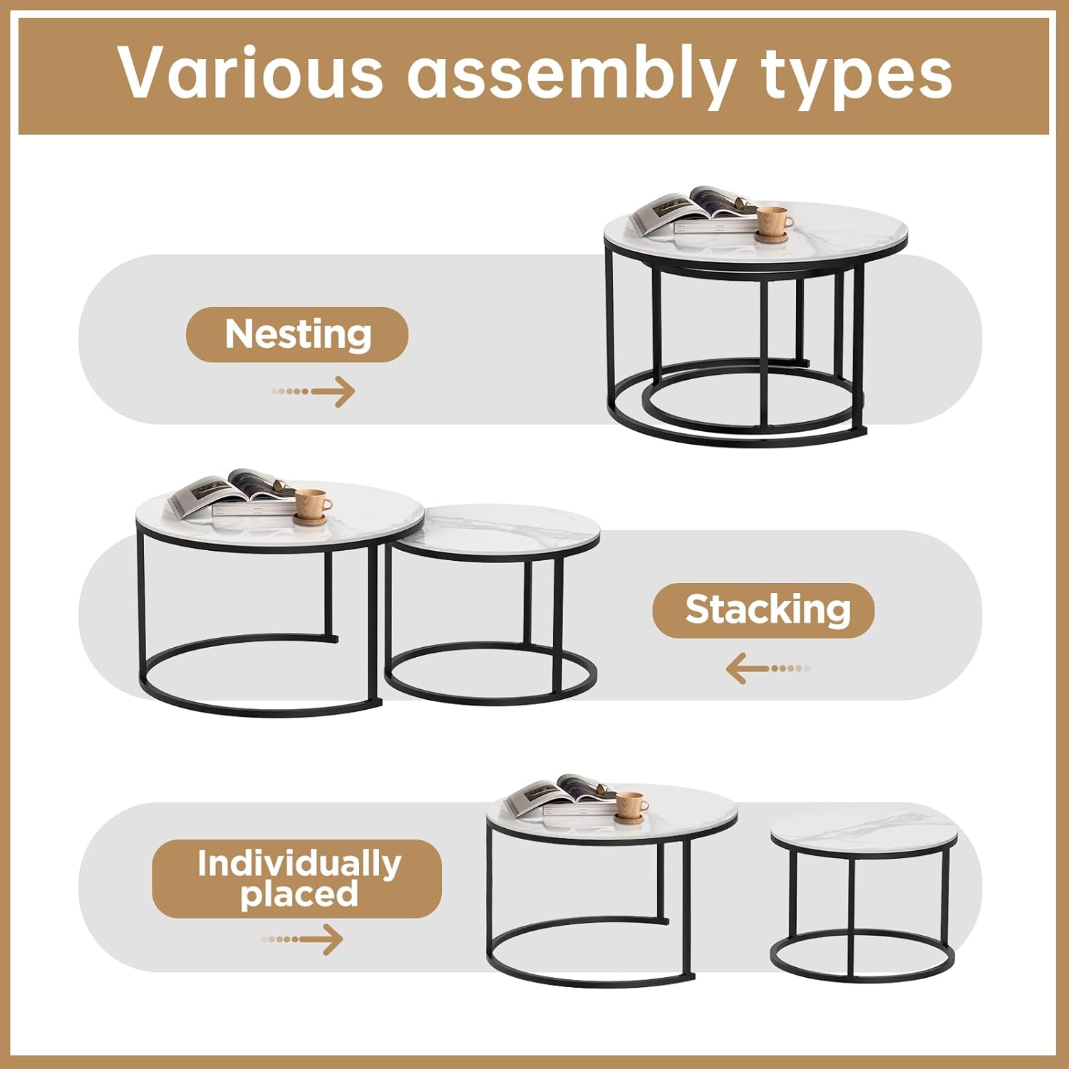 ZL ZELing White Nesting Coffee Table Set of 2, 27'' Round Coffee Table Sintered Stone Top & Metal