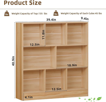 LEYAOYAO 8 Cube Bookshelf with Wood Base,Natural 3 Tier Mid-Century Modern Bookcase,Standing Wide