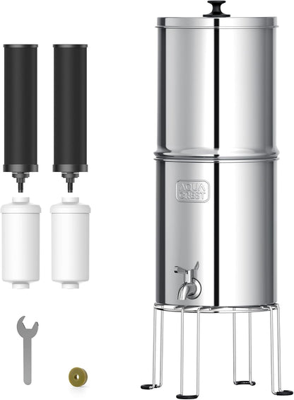 AQUA CREST Gravity Water Filter System, 304 Stainless Steel Countertop System with 4 Filters and