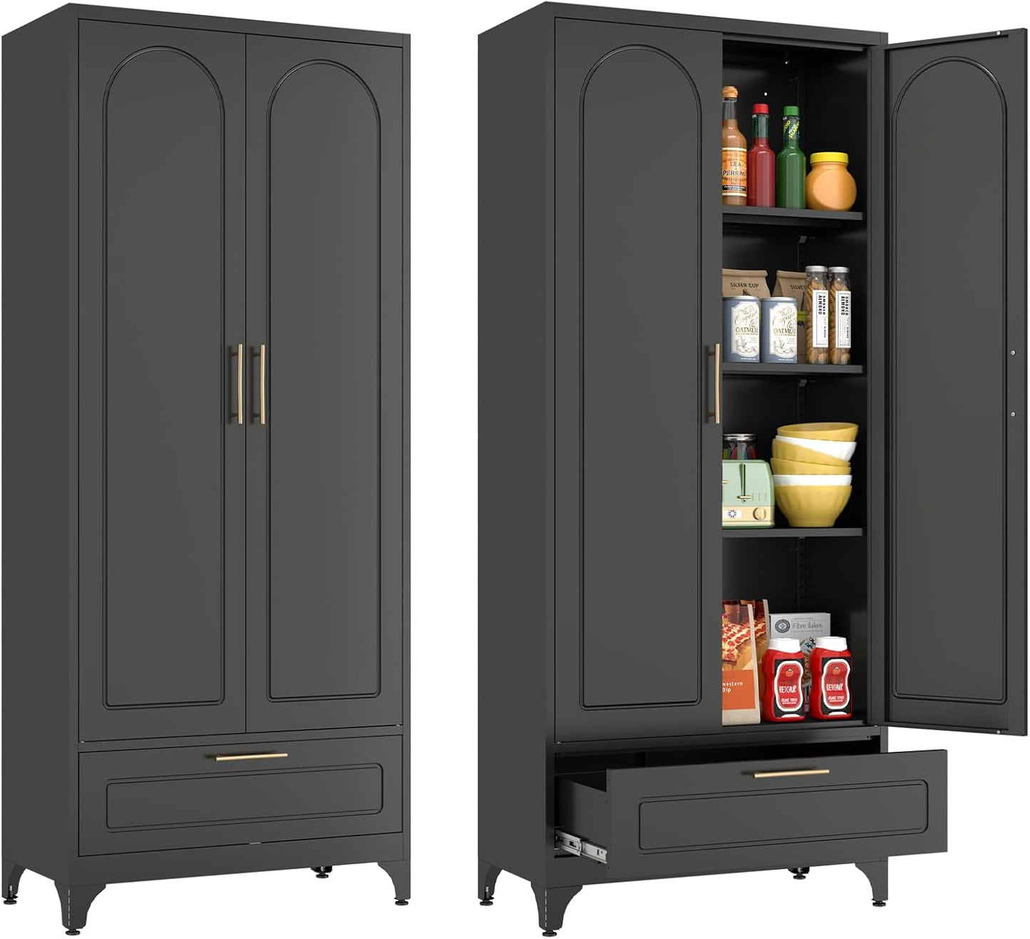 Black Pantry Kitchen Cabinet with Drawer, 75 Inch Metal Storage Cabinet with Doors and Shelves