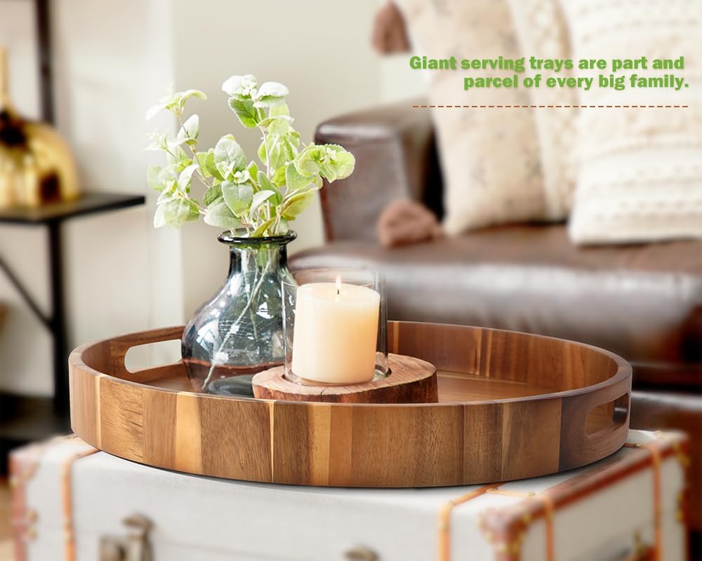 Extra Large Round Serving Tray, 20INCH, Heavy Duty Acacia Wood Trays for Big Ottoman Coffee Table