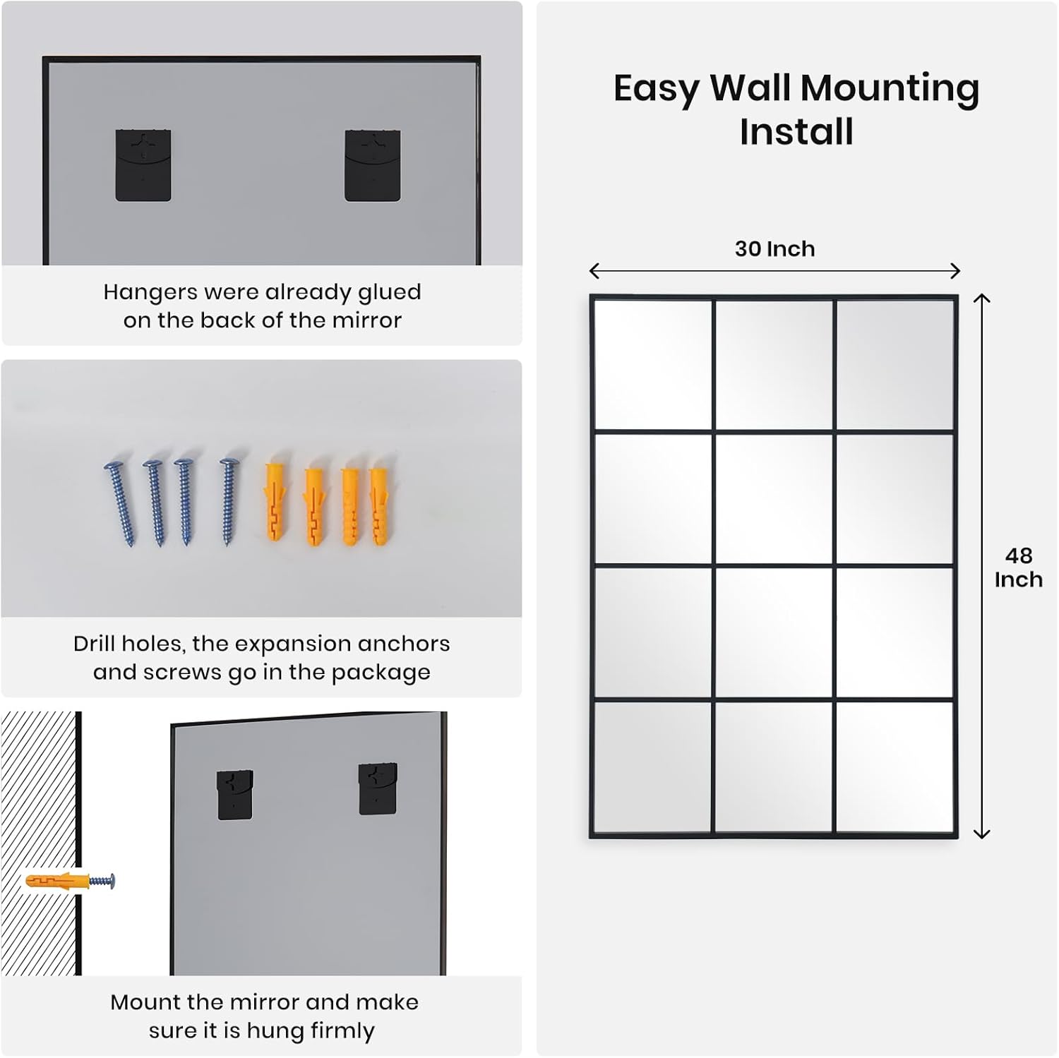 Windowpane Wall Mirror 30"x48" Black Wall Mounted Art Pane Mirror Farmhouse Decorative Mirror
