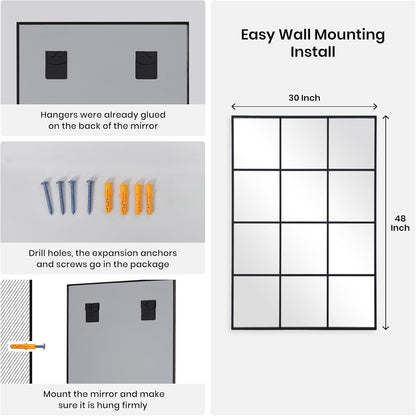 Windowpane Wall Mirror 30"x48" Black Wall Mounted Art Pane Mirror Farmhouse Decorative Mirror
