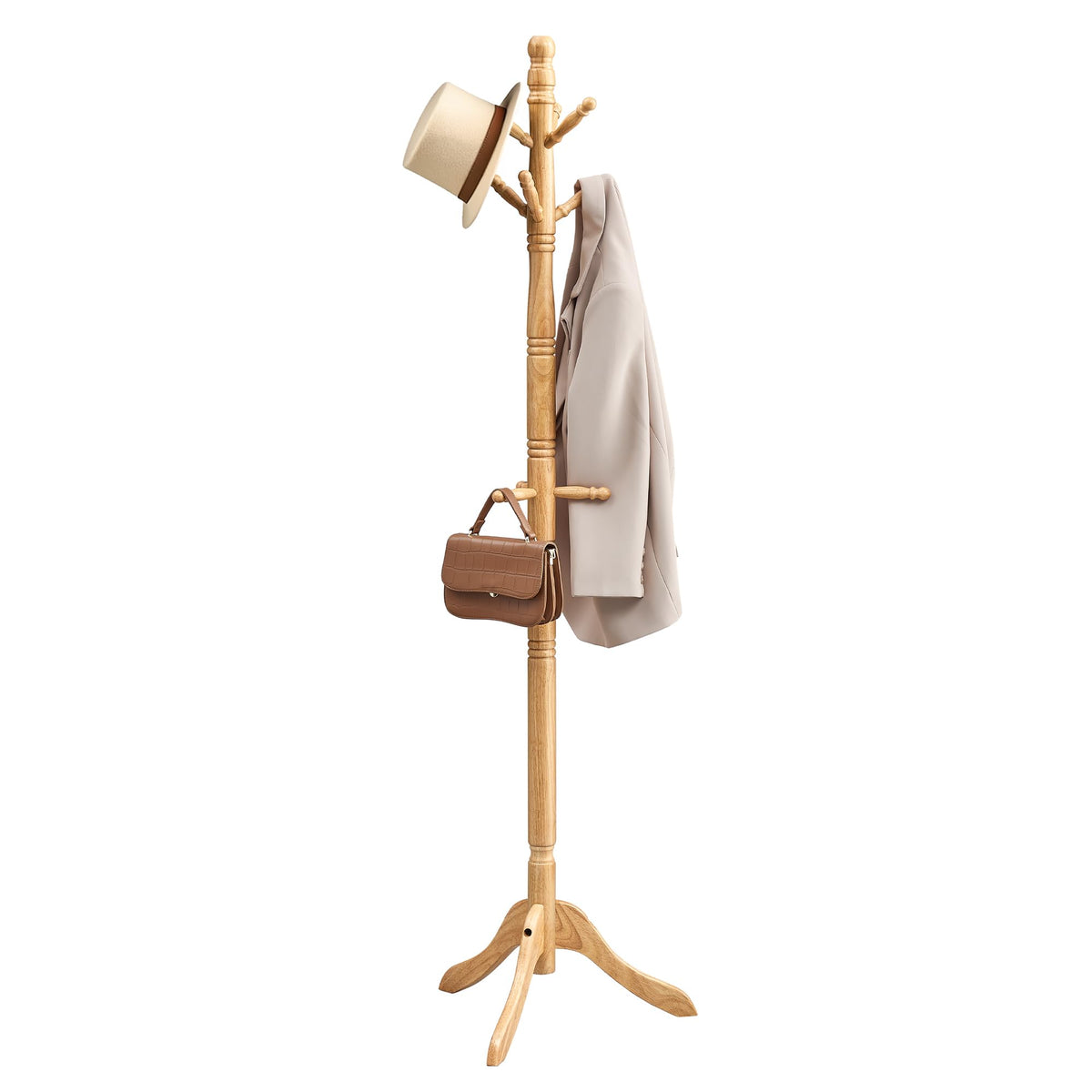 VASAGLE Solid Wood Coat Rack and Stand, Free Standing Hall Coat Tree with 10 Hooks for Hats, Bags