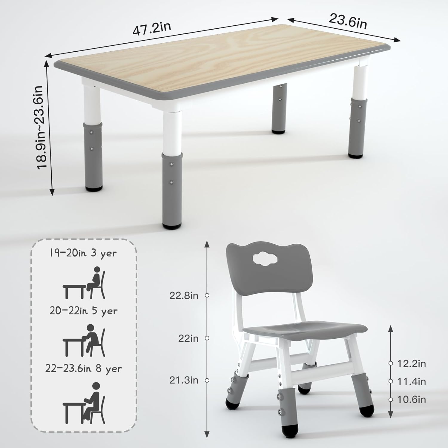 Kids Study Table and 4 Chairs Set,Height Adjustable Table and Chairs for Children and