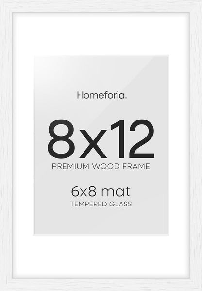 Homeforia 8x12 Picture Frame White, High End Oak 8 x 12 Wood Frames with Mat 6 by 8 Print, 8by12