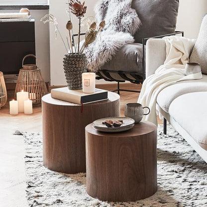 WILLIAMSPACE Nesting Coffee Table Set of 2, Walnut Round Wooden Coffee Tables Modern Circle Table