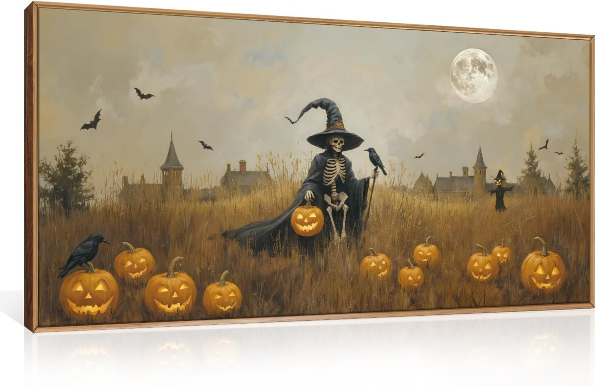 Celestdeco Halloween Ghost Reaper Framed Wall Art Set, Scary Witchy and Pumpkin Wall Decor, Horror