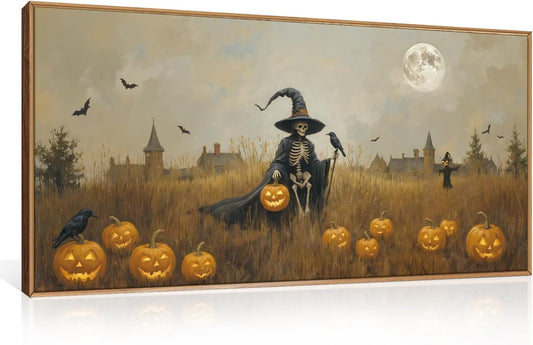 Celestdeco Halloween Ghost Reaper Framed Wall Art Set, Scary Witchy and Pumpkin Wall Decor, Horror