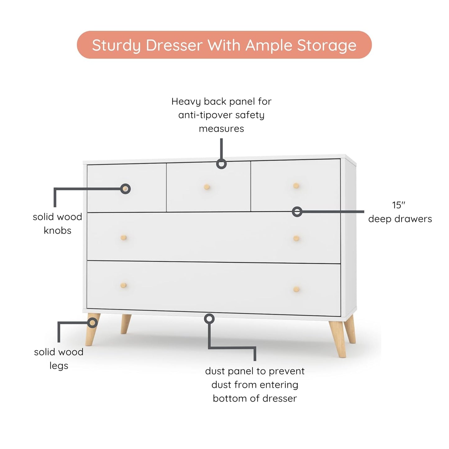 dadada Austin 5-Drawer Dresser for Nursery and Bedroom - Modern Design, Large Storage, Baby-Safe