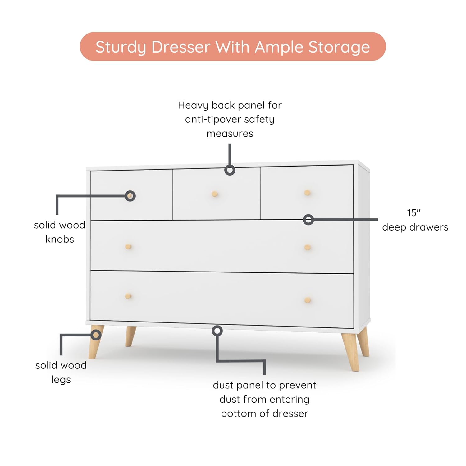 dadada Austin 5-Drawer Dresser for Nursery and Bedroom - Modern Design, Large Storage, Baby-Safe