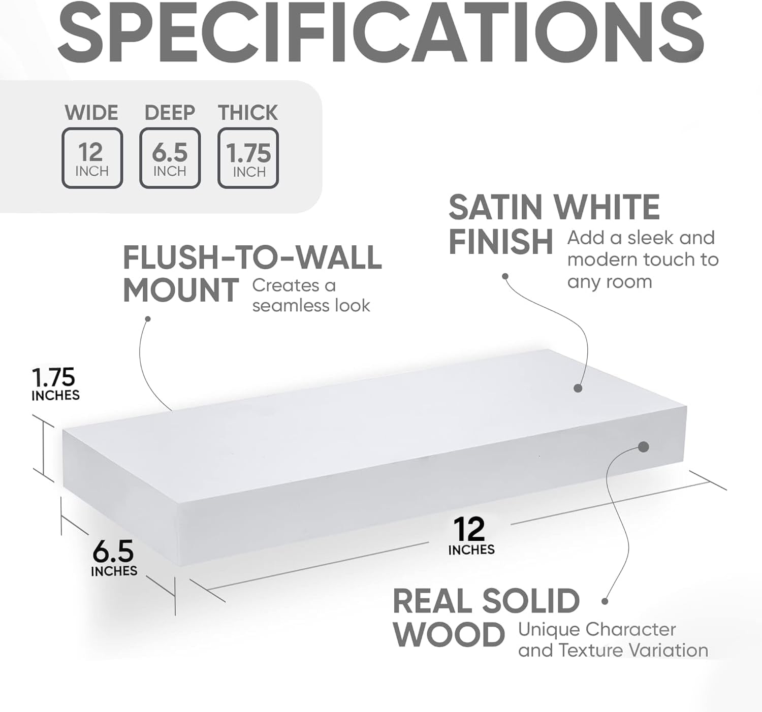 Homeforia White Floating Shelf 12 inch, High End Solid Real Wood Small 12inch Floating Shelves for