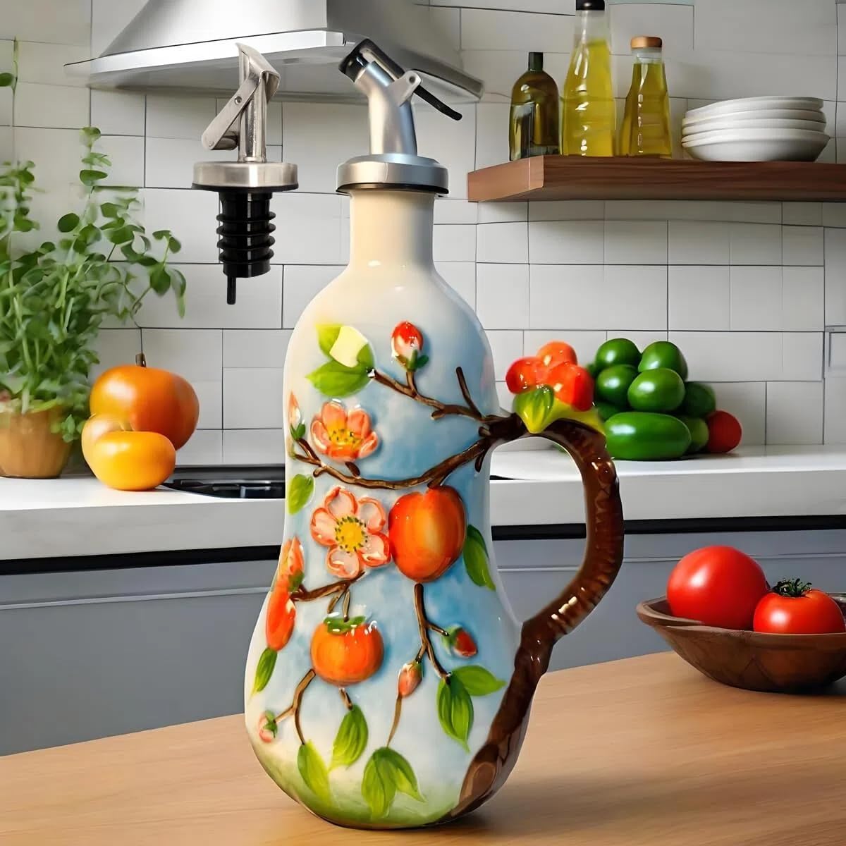 18 Oz Hand Painted Relief Ceramic Olive Oil Bottle Dispenser for Kitchen, Oil and Vinegar Bottle