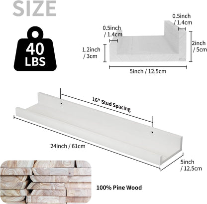 SAUMONIERES Picture Ledge Shelf Floating Book Shelves Set of 2 Wall Mounted Solid Wood for Bedroom