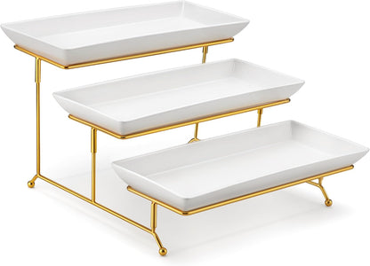 MALACASA 3 Tier Serving Trays for Party, 14 Inch Porcelain White Trays for Serving Food, Dessert
