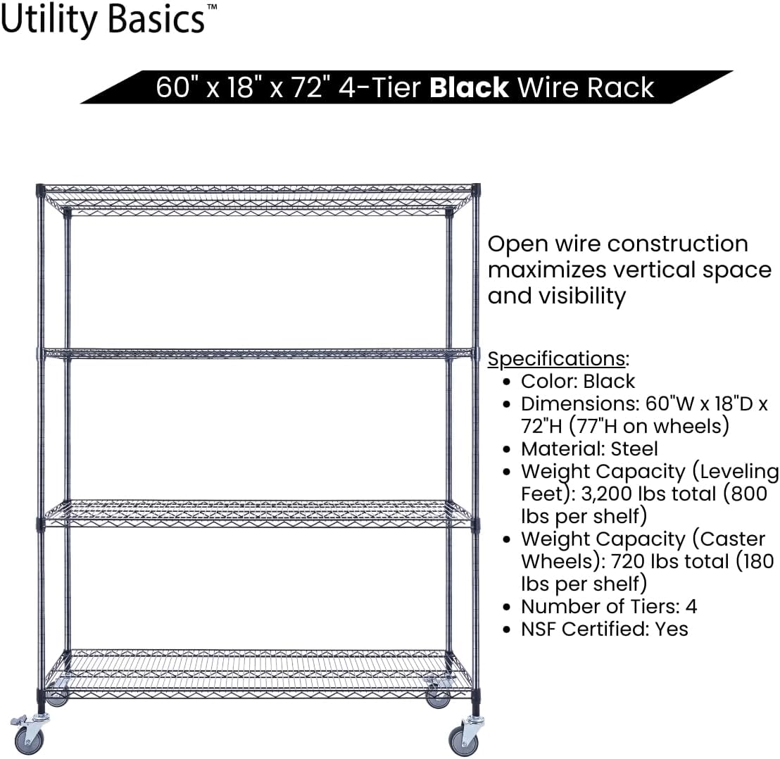 60"x18"x72" Black Premium Metal Steel Wire Shelving 4-Tier NSF 3200 LBS MAX Capacity Heavy Duty