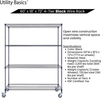 60"x18"x72" Black Premium Metal Steel Wire Shelving 4-Tier NSF 3200 LBS MAX Capacity Heavy Duty