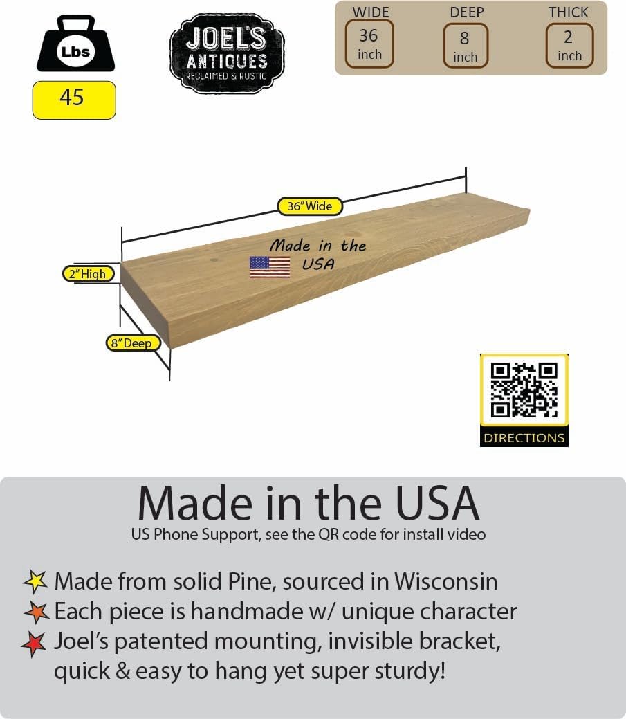 joelsantiques - 36 Inch Wooden Floating Shelves for Wall - 36x8x2 in - Made of Natural Wood - Heavy