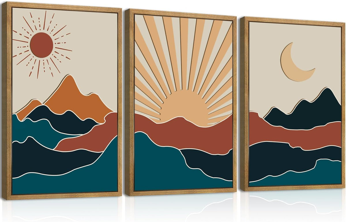Large Boho Mountain Wall Art Set Modern Abstract Bohemian Wood Wall Decor Colorful Mid Century
