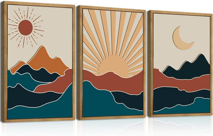 Large Boho Mountain Wall Art Set Modern Abstract Bohemian Wood Wall Decor Colorful Mid Century
