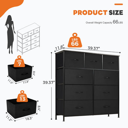 Sweetcrispy 9-Drawer Fabric Dresser Storage Tower with Wood Top, Black