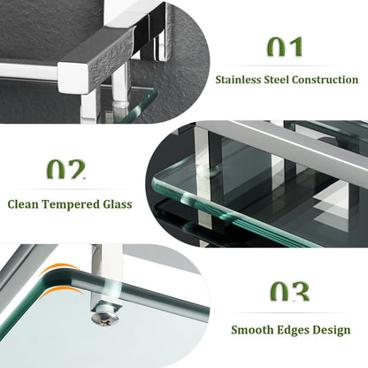 Alise Bathroom Glass Shelf with Stainless Steel Railing, Polished Chrome Small Tempered Glass
