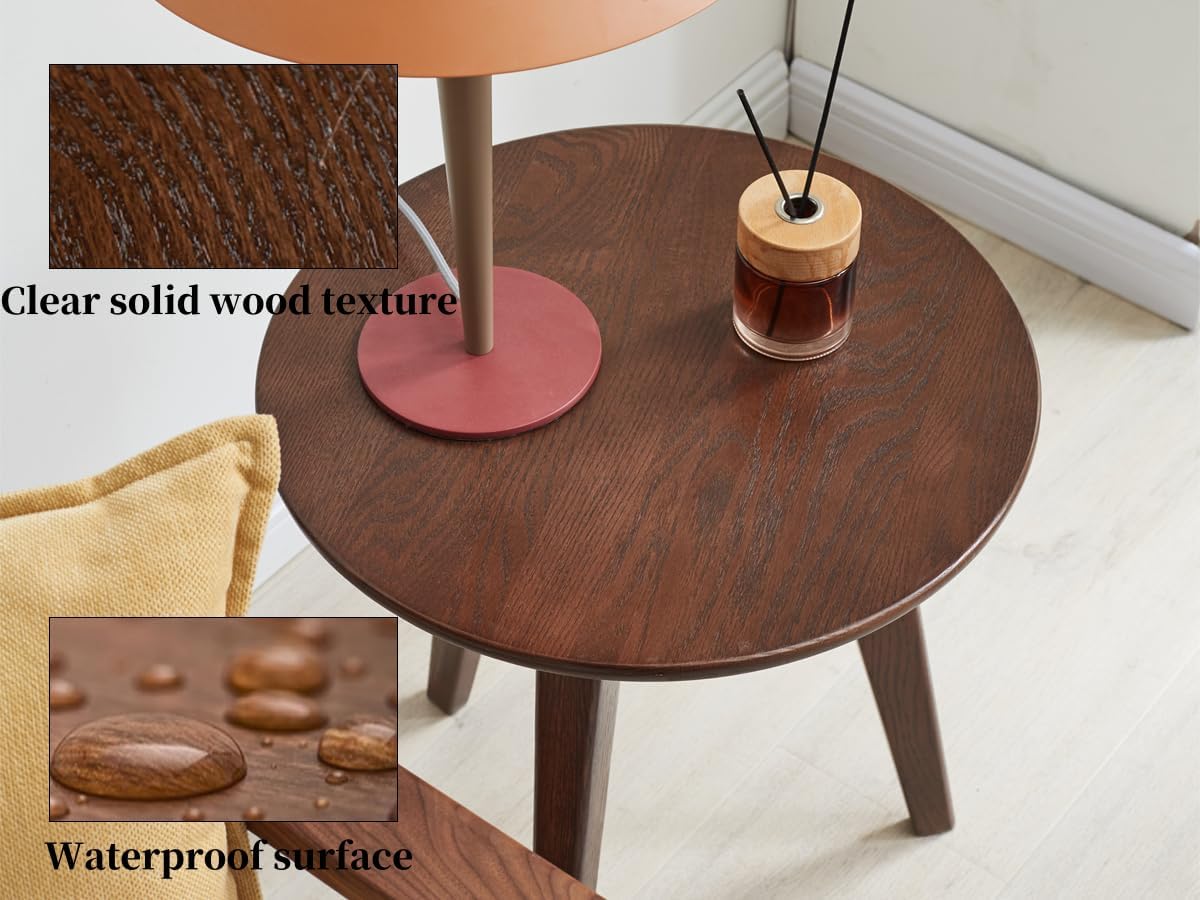 100% Solid Oak Round Side Table Set of 2, Small Bedside Table for Small Spaces, Living Room End