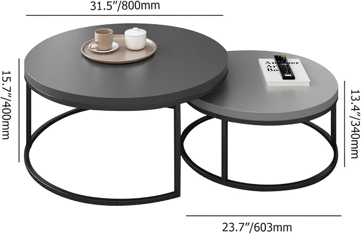 Modern Round Coffee Table Set, Nesting Cocktail Tables with Black Metal Legs, Dark Gray/Light Gray