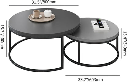 Modern Round Coffee Table Set, Nesting Cocktail Tables with Black Metal Legs, Dark Gray/Light Gray