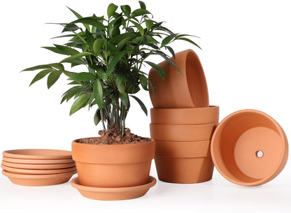 INGOFIN 5 Inch Terracotta Shallow Pots Set with Saucer - Ceramic Clay Pots with Drainage Hole
